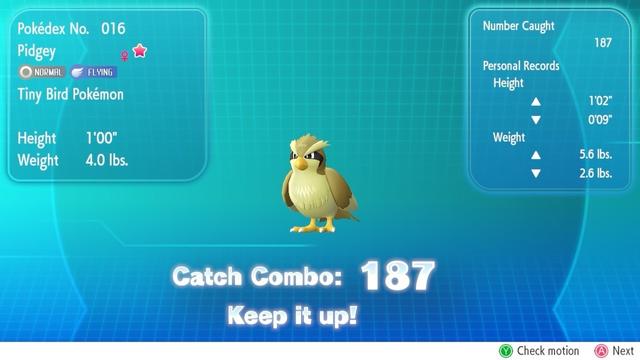 Screenshot of Pokemon Let’s Go catch screen showing a shiny Pidgey being caught at 187 catch combo