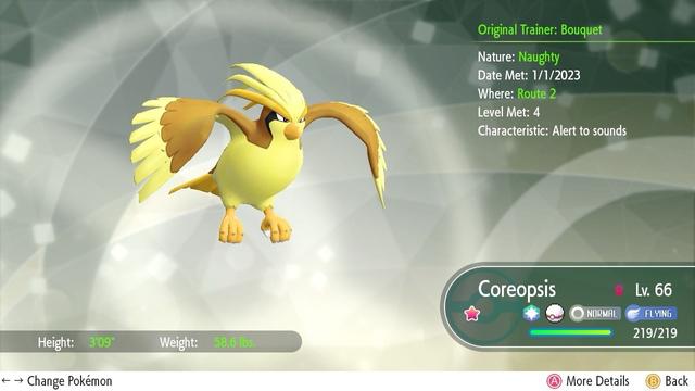 Screenshot of Pokémon Let’s Go Pokémon summery screen for shiny Pidgeot with the nickname Coreopsis