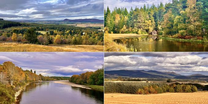 Four photo collage, strong autumn colours. Top left: yellow grassland, orange red, green trees in middle distance, to purple/blue hills, grey/blue streaked skies. Top right: gold, orange yellow trees on loch side, reflecting in the water, yellow grasses to left of loch, small brown boat house with red roof on edge of the loch. Bottom right: yellow, harvested field, to green, orange, gold belt of trees, to striking blue/purple hilltops, grey/white atmospheric skies. Bottom left: long stretch of blue/grey river curving right in far distance, orange red, yellow, golden trees to left and right of river on the river bank, some grey/beige stones by the right riverbank.