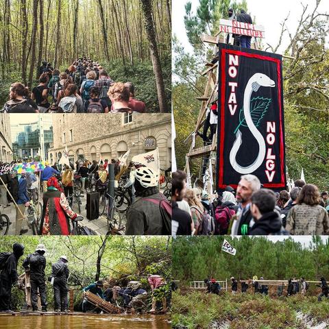 Collage photo de divers moments de la mobilisation : manif en vélo, balade naturaliste, construction d'une vigie, etc.