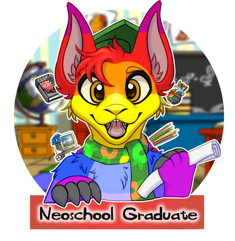 The artwork for a badge, drawn by Grey / Bodyhorror / Caliander. An excited rainbow bori is holding a diploma and wearing a graduation hat. Underneath their claws, the badge says, "Neoschool Graduate".