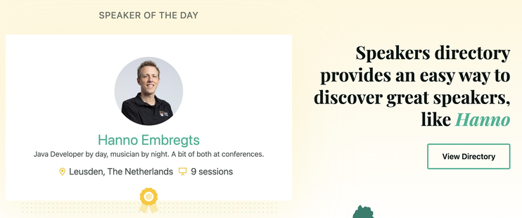 Screenshot from sessionize.com that says 'Speaker of the day: Hanno Embregts"