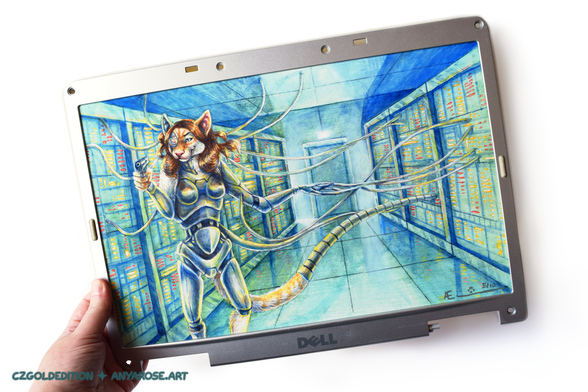 Anthropomorphic flame point siamese cat cyborg, with cables extending from her body like tendrils to connect to the server racks on either side. Limited edition print framed by part of a Dell laptop palm rest, being held out by a hand for scale.
