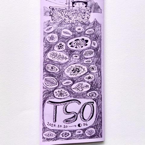 A strange long shape comic/zine, with an illustration of detective Tso in a coracle sailing on the flood waters of the giant flood toad.