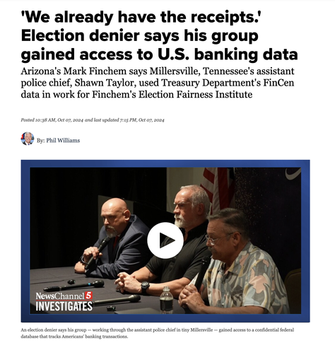 'We already have the receipts.' Election denier says his group gained access to U.S. banking data
Arizona's Mark Finchem says Millersville, Tennessee's assistant police chief, Shawn Taylor, used Treasury Department's FinCen data in work for Finchem's Election Fairness Institute