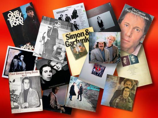 Eine Collage mit Covern von LPs und Liederbüchern mit Texten von Paul Simon und Simon & Garfunkle.
A collage of covers of LPs and songbooks with lyrics by Paul Simon and Simon & Garfunkel.