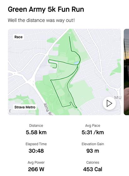 The Strava screen for this run. The route is the dark green line.