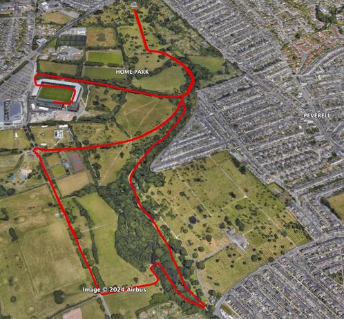 A Google Earth image of the run clearly showing the finish inside the Plymouth Argyle football stadium known as Home Park. The route is traced in red.