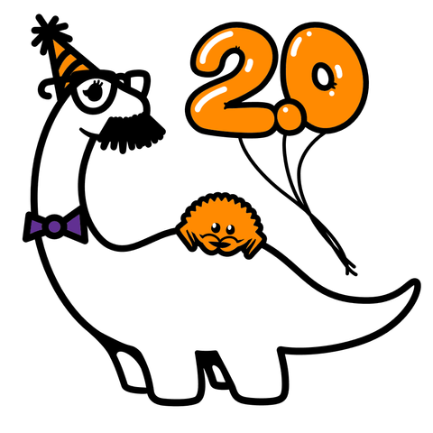 my dino with an orange party hat, mustache, glasses and mascara annd a purple fly is transporting a crab like being. With Party ballons saying "2.0"