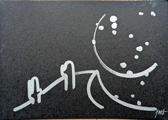 A minimalist desert scene under a moonlit sky, created using a pen plotter programmed to dip a paintbrush into silver metallic ink. The crescent moon floats above abstracted desert dunes and cacti, outlined in smooth lines. Scattered stars are represented with silver ink dabs, creating a serene, expansive night sky. The reflective quality of the silver ink against the black background evokes the calm and solitude of a desert night. In close-up, the textured silver ink stars have a cratered, hand-painted appearance, adding dimension. The crescent moon is detailed with metallic strokes, enhancing the organic feel of the scene. This piece meditates on the quiet of a desert night, its calm reinforced by each star and line being hand-programmed—each element unique, like every night spent under the sky.