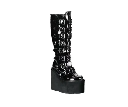 Demonia Boots model Swing in patent, a mid-calf black boot with lots of straps, metal plates and high sole and wedge.