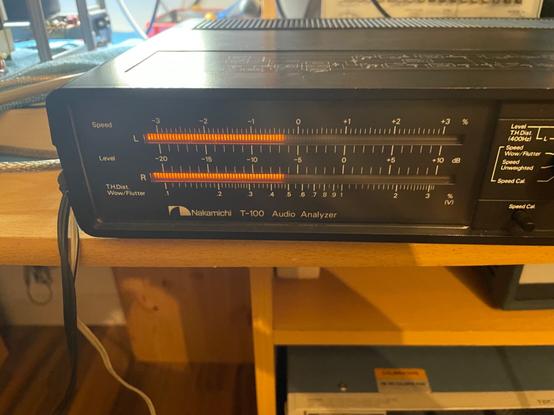 Nakamichi T-100 Audio Analyzer being used during the calibration of the Revox B77 reel to reel recorder.