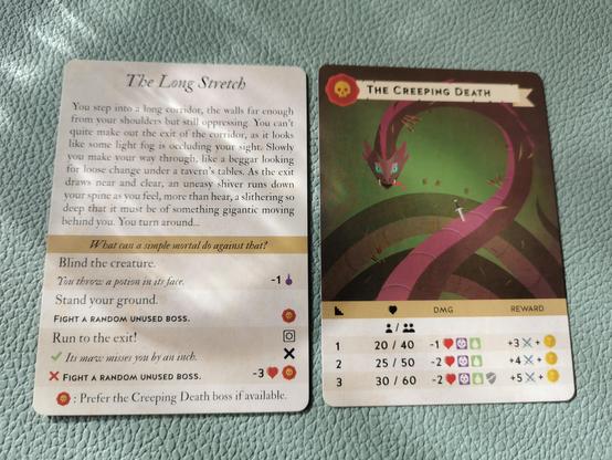 Promokarten - Lore "the long stretch" und Monster "creeping death"