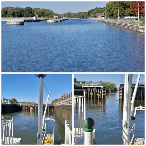 The top pic shows the entryway into the Starved Rock lock on the Illinois River. The water level is high, the dam is to the left. The second photo shows the 18 foot drop in the water level as the lock is drained. The third photo shows the lock opening to the Illinois River below. You can clearly see the top of Starved Rock as you wait for the water to drain inside the lock.  It takes 9 minutes to drain the lock!