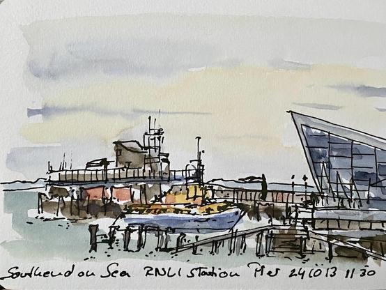 Coloured drawing of some buildings and a ship beneath a yellow-blueish sky.