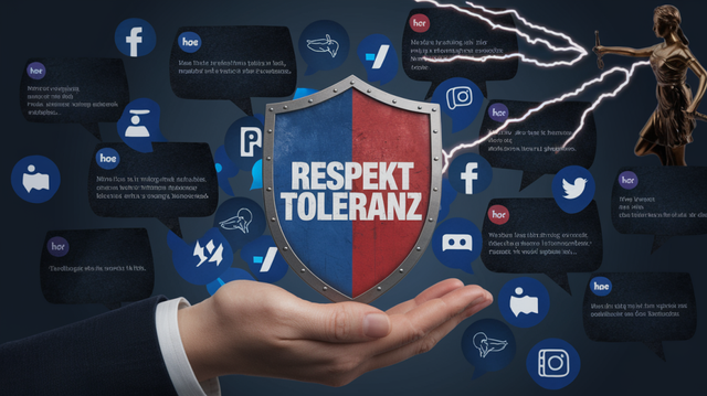 A digital illustration of a hand holding a shield with the text "Respekt" and "Toleranz". There are dark, aggressive social media icons and text bubbles in the background, representing hate comments. In the top right corner, we see Justitia shooting lightning bolts at the hate comments and the icons.