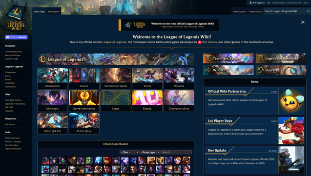 Screenshot of the brand-new official League of Legends wiki main page