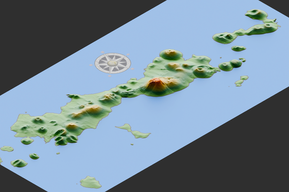 Carte de la chaine des Puys, Auvergne, en perspective, avec un niveau de la mer à 1000 mètres.