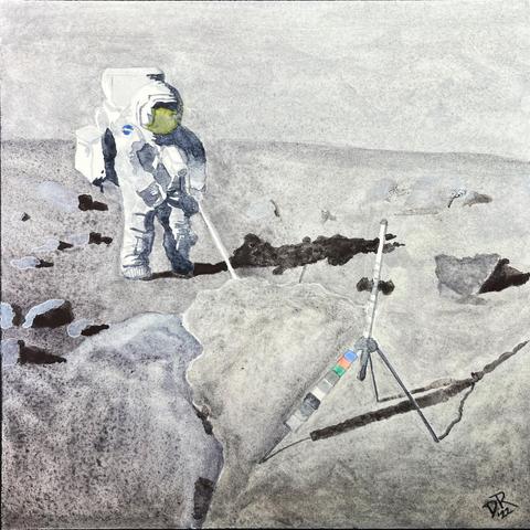 COLORS OF GRAY by Danielle Rose Baker.
A watercolor painting of Apollo astronaut Harrison Schmitt in EVA suit using a long scientific instrument to measure soil properties on the lunar surface. Another instrument in the foreground shows strips of color against which to measure the color seen on the surface. Gray shadowed rocks are scattered throughout the scene.