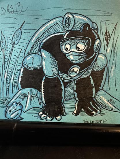 Mega Man 2’s Bubble Man drawn on a blue post it note. He’s sitting in a frog crouch, looking to the bottom left of the image with wide eyes. There sits a tiny frog, looking back at him. There’s tall grass and reeds in the background.