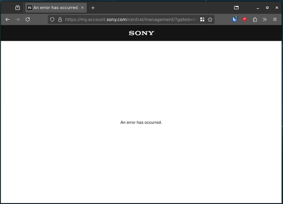 Screenshot of a web browser viewing a page at "my.account.sony.com". The page is entirely white except for the sentence "An error has occurred." in the middle of it.