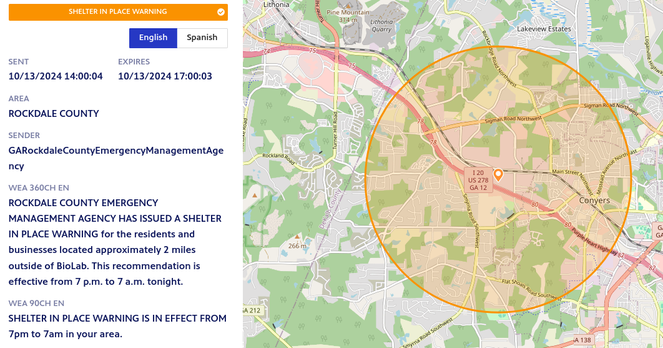 ROCKDALE COUNTY EMERGENCY MANAGEMENT AGENCY HAS ISSUED A SHELTER IN PLACE WARNING for the residents and businesses located approximately 2 miles outside of BioLab. This recommendation is effective from 7 p.m. to 7 a.m. tonight.