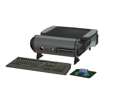 "Little Sister, WD15", a futuristic Desktop in pizzabox form factor in it's turned off position.

It's LCD is folded down and it
's surrounded by it's wireless mouse and keyboard up front.