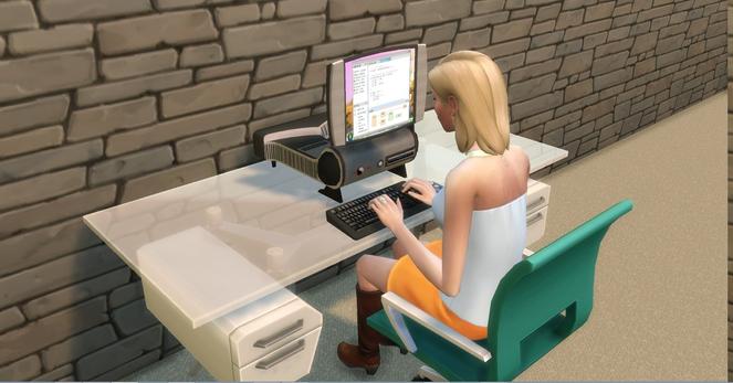 A female Sim using the "Little Sister, WD-15" showing the screen on and folded straight up.