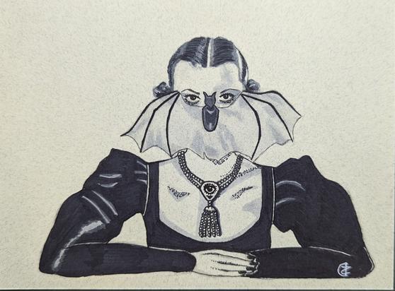 Ink & Copic marker illustration based on a 1951 photograph of a mask called "The Bat" by Fernand Aubry. A woman wears a mask shaped like a bat that covers the bottom half of her face below her eyes.