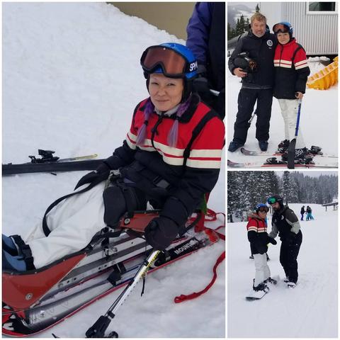 Collage of me at Mt Washington. Left photo is me in a sitski, adaptive seated skiing. I control steering with outrigger poles.
Top right: Me & my adaptive ski instructor. I'm on skis & holding outrigger pole.
Bottom right: Me & adaptive snowboarding instructor. I'm learning how to balance & maneuver the board.