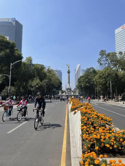 A view down a large urban street from the median, which is made of angular planters filled with orange flowers. The sky is bright blue. Three bikes are on the left facing the photographer. To the sides of the street are large skyscrapers. A large monument is in the far distance, with a gold statue atop a pillar.
