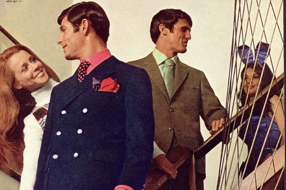 1969 

The image is a snapshot of an advertisement featuring men and women dressed in fashionable attire from the late 1960s, suggesting it may be promoting clothing or accessories.
Tags: vintage fashion, advertisements, autumn wardrobe, style trends