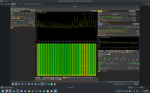 A screenshot of the SDRangel software showing a waterfall display of airband frequencies. FM station harmonics appear as squiggly vertical lines that are duplicated horizontally in varying strength, but completely wash everything out