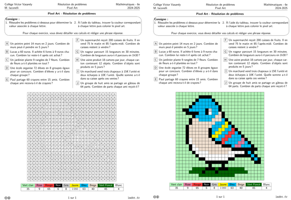 Deux fiches d'exercice sur les nombres entiers.
Fiche avec la grille non colorié à gauche et la même fiche avec la grille coloriée (pixel-art d'un oiseau bleu sur fond vert) à droite.