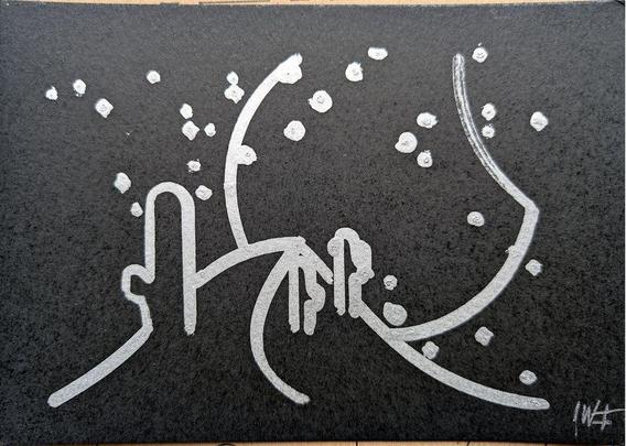 A minimalist desert scene under a moonlit sky, created using a pen plotter programmed to dip a paintbrush into silver metallic ink. The crescent moon floats above abstracted desert dunes and cacti, outlined in smooth lines. Scattered stars are represented with silver ink dabs, creating a serene, expansive night sky. The reflective quality of the silver ink against the black background evokes the calm and solitude of a desert night. In close-up, the textured silver ink stars have a cratered, hand-painted appearance, adding dimension. The crescent moon is detailed with metallic strokes, enhancing the organic feel of the scene. This piece meditates on the quiet of a desert night, its calm reinforced by each star and line being hand-programmed—each element unique, like every night spent under the sky.