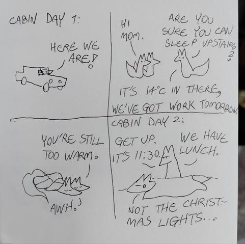 A crudely hand-drawn comic of two foxes, one of whom is blue, the other is green. In this one, Blue and Green arrive at the cabin, with Blue driving, under the title "cabin day 1:" Blue: here we are!  Blue's mother rushes to meet them. Blue: Hi mom. Blue's mother: Are you sure you can sleep upstairs? It's 14°C in there, we've got work tomorrow.  Following night, Blue and Green are twirled together, wrapped closely around each other. Green: You're still too warm. Blue: Awh.  Following day, titled "cabin day 2:" Green is laying groggily half-awake in bed as Blue wakes him, mildly annyed. Blue: Get up. It's 11:30. We have lunch. Green: Not the christmas lights...