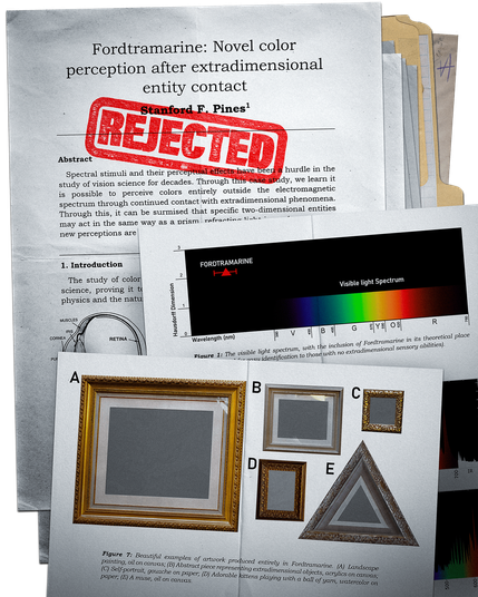 Es un estudio rechazado de Stanford F. Pines titulado "Fordtramarine: Novel color perception after extradimensional". Algunos de los textos que se leen dicen "Abstract: Spectral stimuli and their perceptual effects have been a hurdle in the study of vision science for decades. Through this case study, we learn it is possible to perceive colors entirely outside the electromagnetic spectrum through continued contact with extradimensional phenomena. Through this, it can be surmised that specific two-dimensional entities may act in the same way as a prism refracting..."

FORDTRAMARINE. Visible light Spectrum. Figure 1: The visible light spectrum, with the inclusion of Fordtramarine in its theoretical place... ... identification to those with no extradimensional sensory abilities).

Figure 7: Beautiful examples of artwork produced entirely in Fordtramarine. (A) Landscape painting, oil on canvas; (B) Abstract piece representing extradimensional objects, acrylics on canvas; (C) Self-portrait, gouache on paper; (D) Adorable kittens playing with a ball of yarn, watercolor on paper; (E) A muse, oil on canvas.
