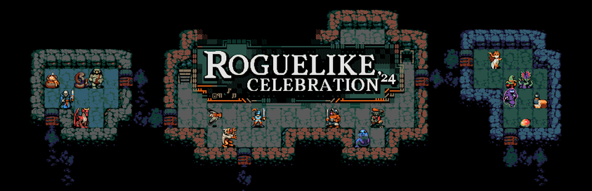 The banner art for this year's Steam sale, featuring pixel art of some dungeon rooms overlaid with the text "Roguelike Celebration '24"