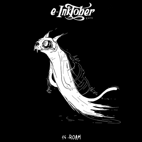A black and white drawing of a ghost cat whith a cat skull mask floating on a black background.