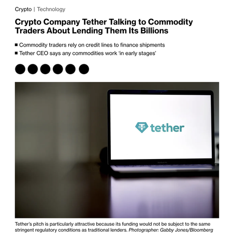 Crypto Company Tether Talking to Commodity Traders About Lending Them Its Billions
Commodity traders rely on credit lines to finance shipments
Tether CEO says any commodities work ‘in early stages’