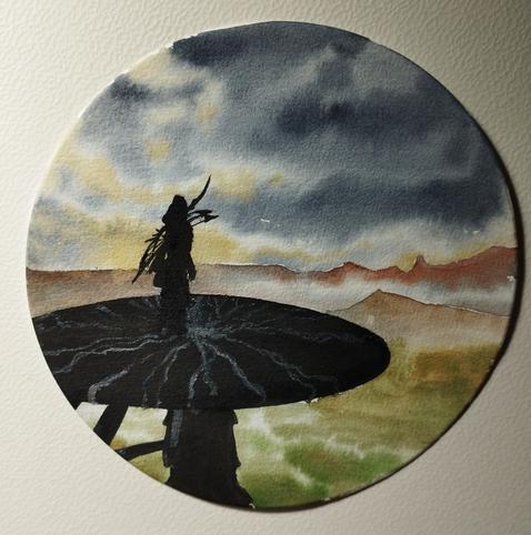 Aquarelle d'un paysage flou avec des montagnes à l'horizon et une silhouette à contre jour sur une haute structure arrondie.