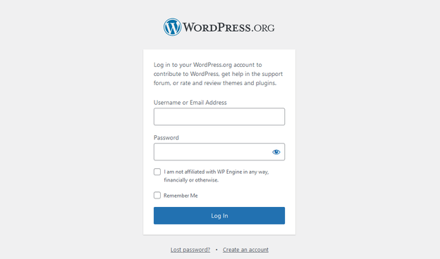 WordPRess.org login page with a new tickbox saying "I am not affiliated with WP Engine in any way, financially or otherwise"