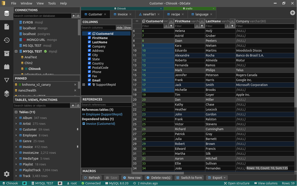 Zeigt DbGate mit einer Ansicht von Connections, Tables und Daten.