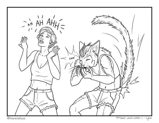 Line art of a woman tilting her head back, about to sneeze, with text growing larger above her head reading "ah ah ahh". The culmination of the sneeze is a tiny "chu!", but she's changed into a lanky anthropomorphic lykoi cat.