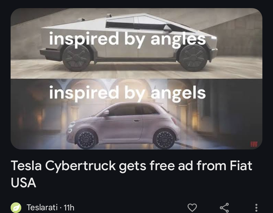 Ad showing a Cybertruck with the text: inspired by angles
And a Fiat 500e with the text: inspired by angels
