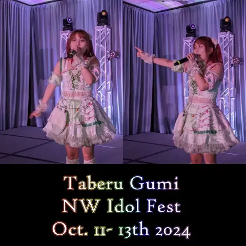 Two images of a idol wearing white singing on stage.