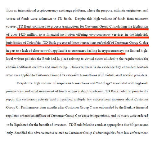 from an international cryptocurrency exchange platform. where the purpose. ultimate originators, and source of funds were unknown to TD Bank. Despite this high volume of funds from unknown sources, TD Bank continued to ocess transactions for Customer Gmuﬁ C. including the facilitation of over $420 million to a financial institution offering cryptocurrency services in the high-risk jurisdiction of Colombia. TD Bank Emcess:d these transactions on behalf of Customer G-ronﬁ C. due in part to a lack of clear controls applicable to customers dealing in cryptocurrency: the limited high- level written policies the Bank had in place relating to virtual assets alluded to the requirements for certain additional controls and monitoring. However. there is no evidence any enhanced controls were ever applied to Customer Group C’s extensive transactions with virtual asset service providers.

Despite the high volume of suspicious transactions and “red flags™ associated with high-risk jurisdictions and rapid movement of funds within a short timeframe. TD Bank failed to proactively report this suspicious activity until it received multiple law enforcement inquiries about Customer Group C. Furthermore. four months after Customer Group C was onboarded by the Bank. a financial regulator ordered an affiliate of Customer Group C to cease its operations. and its assets were ordered to be liquidated for the benefit of investors. TD Bank failed to conduct appropriate due diligence