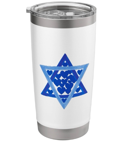 Our Star of David or Magen David is filled with 18 hearts, as shown on a stainless steel hot or cold drink holder/tumbler.