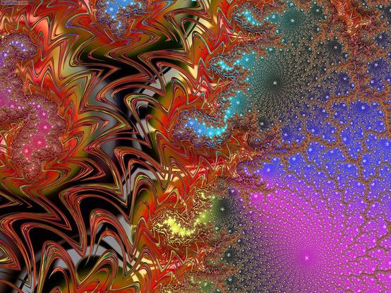 Fractal spiral zones with tendrils and chrome jagged sawtooth patterning in purple blue turquoise and red