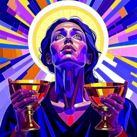 Prompt: palette knife painting of beatific female saint, gazing upward intensely, holding up [a kitten|a large black crow|a large black bat|paintbrushes|wine goblets], radiating god rays, mystic symbolism, radiant stained glass halo, in fractured cubism art style, wildly intuitive and fluid impressionism by juan gris and georgy kurosav, [various colors]